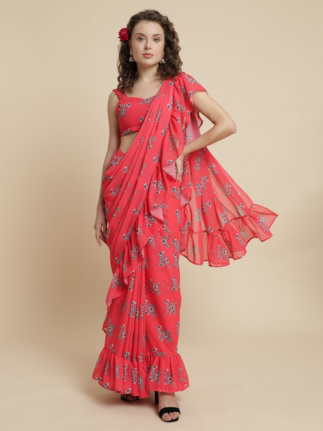 

VIRAGO Floral Pure Georgette Saree, Red