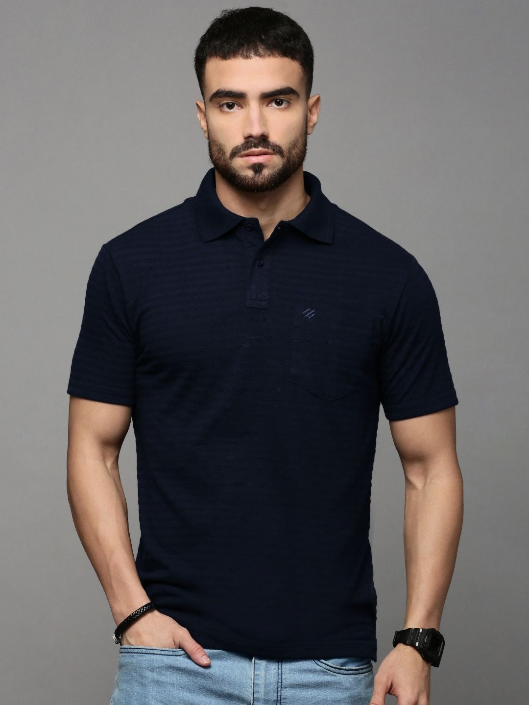 

ONN Men Solid Polo Collar Cotton T-shirt, Navy blue