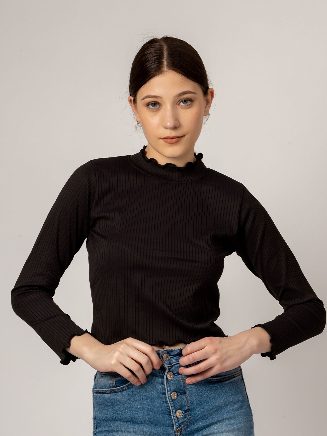 

Redamancii Women Vertical Striped High Neck Polycotton Top, Black