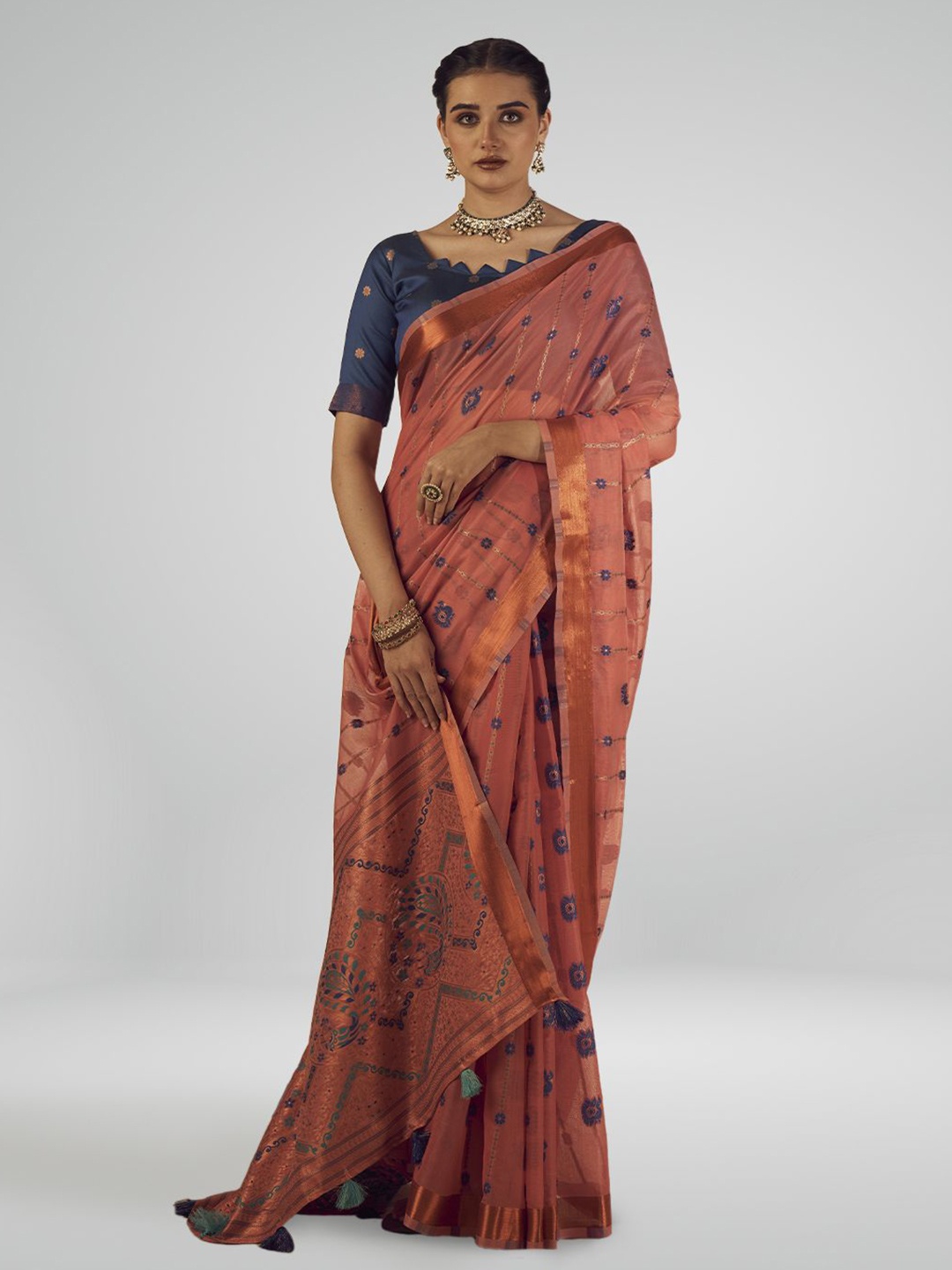 

SARHA Floral Woven Design Zari Pure Cotton Saree, Orange