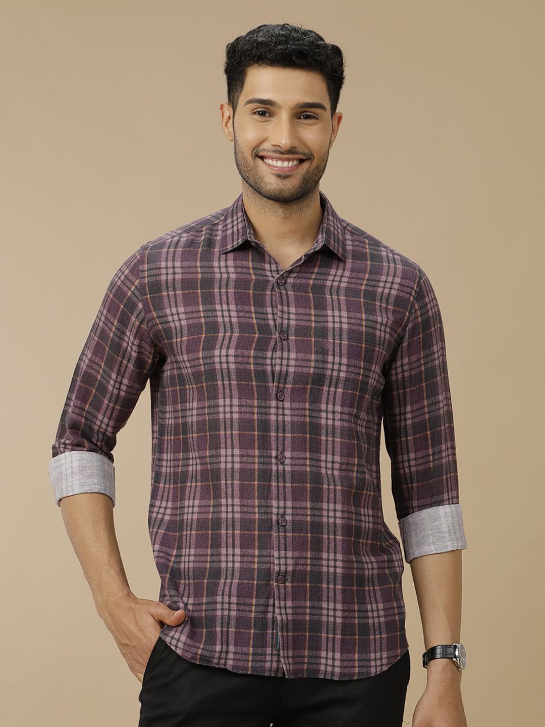 

Linen Club Men Contemporary Slim Fit Tartan Checks Checked Casual Shirt, Purple