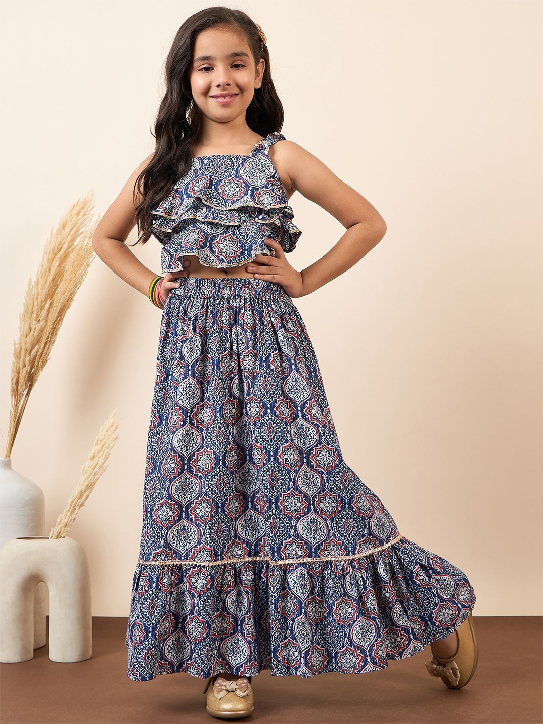 

Stylo Bug Girls Printed Gotta Patti Cotton Ready to Wear Lehenga Choli, Blue