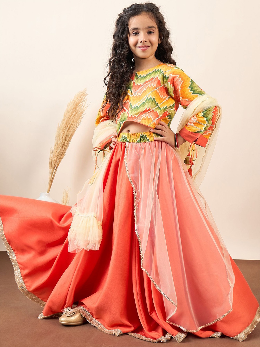 

Stylo Bug Girls Printed Ready to Wear Lehenga & Blouse With Dupatta, Orange