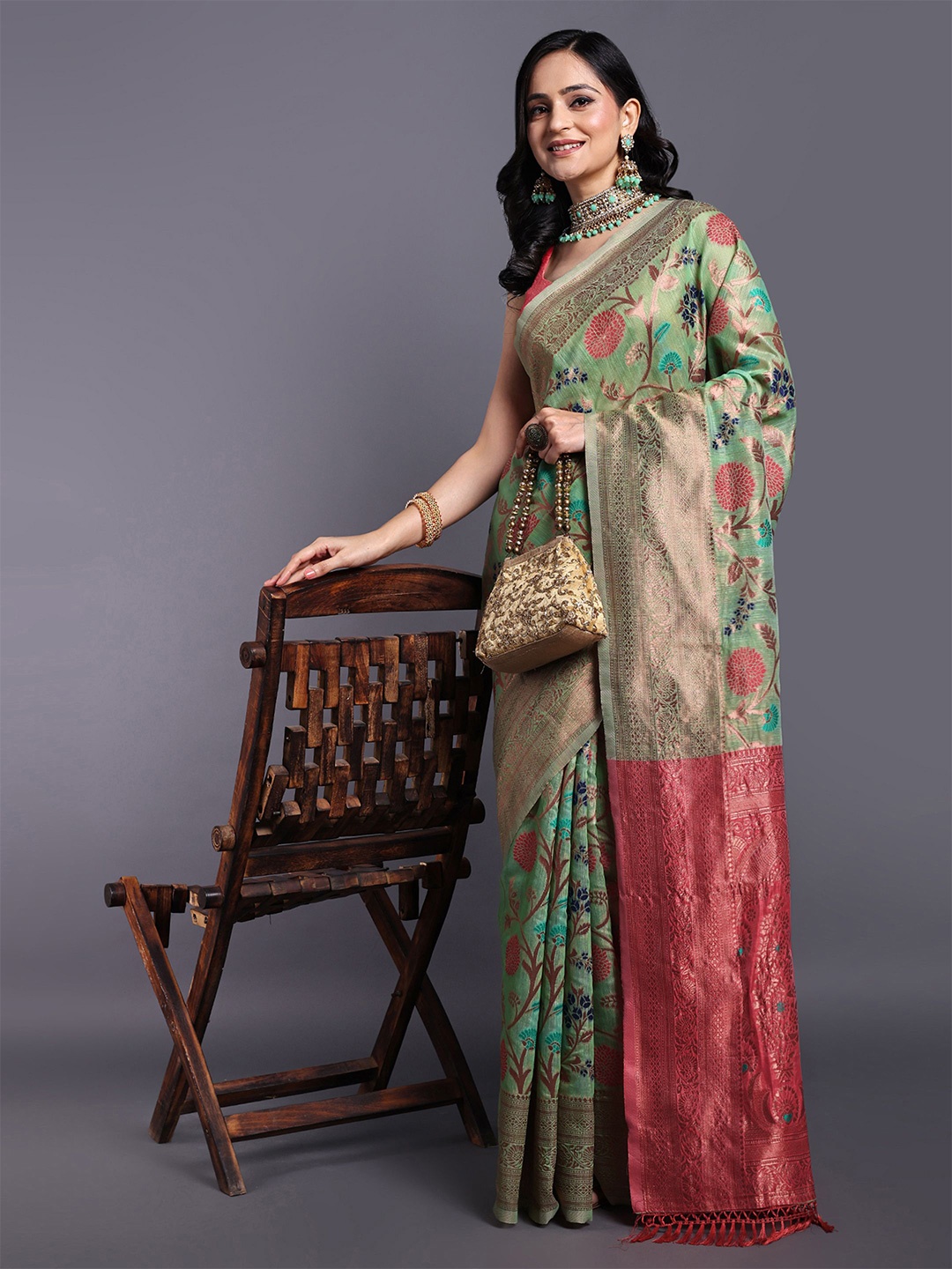 

SWAMI STUDIO Floral Zari Pure Cotton Kanjeevaram Saree, Green