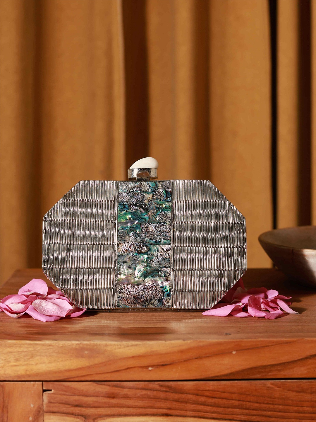 

THE TAN CLAN Misha Silver Embellished Mother of Pearl Box Clutch