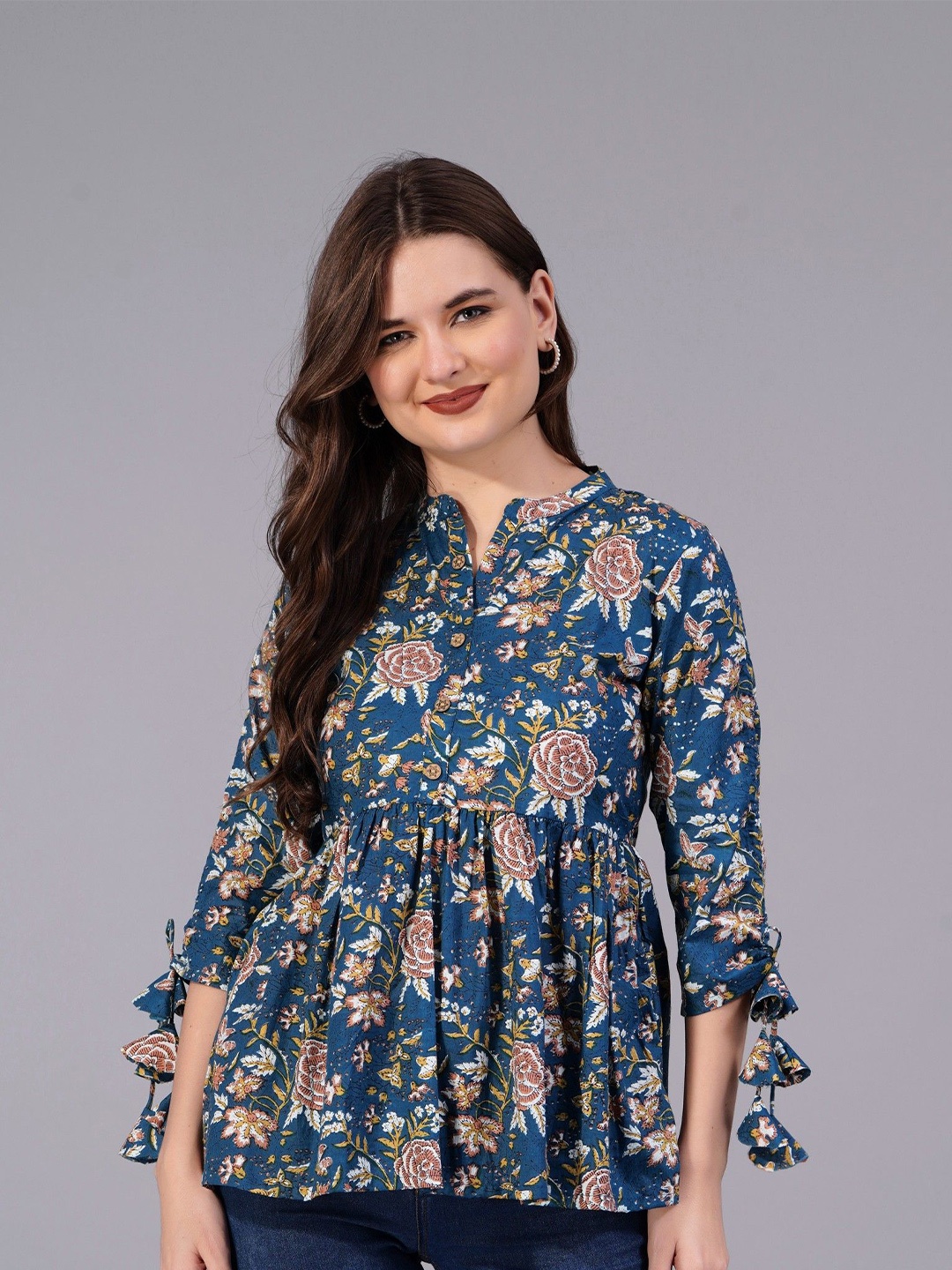 

Royal Marque Women Floral Printed Mandarin Collar Cotton Top, Blue