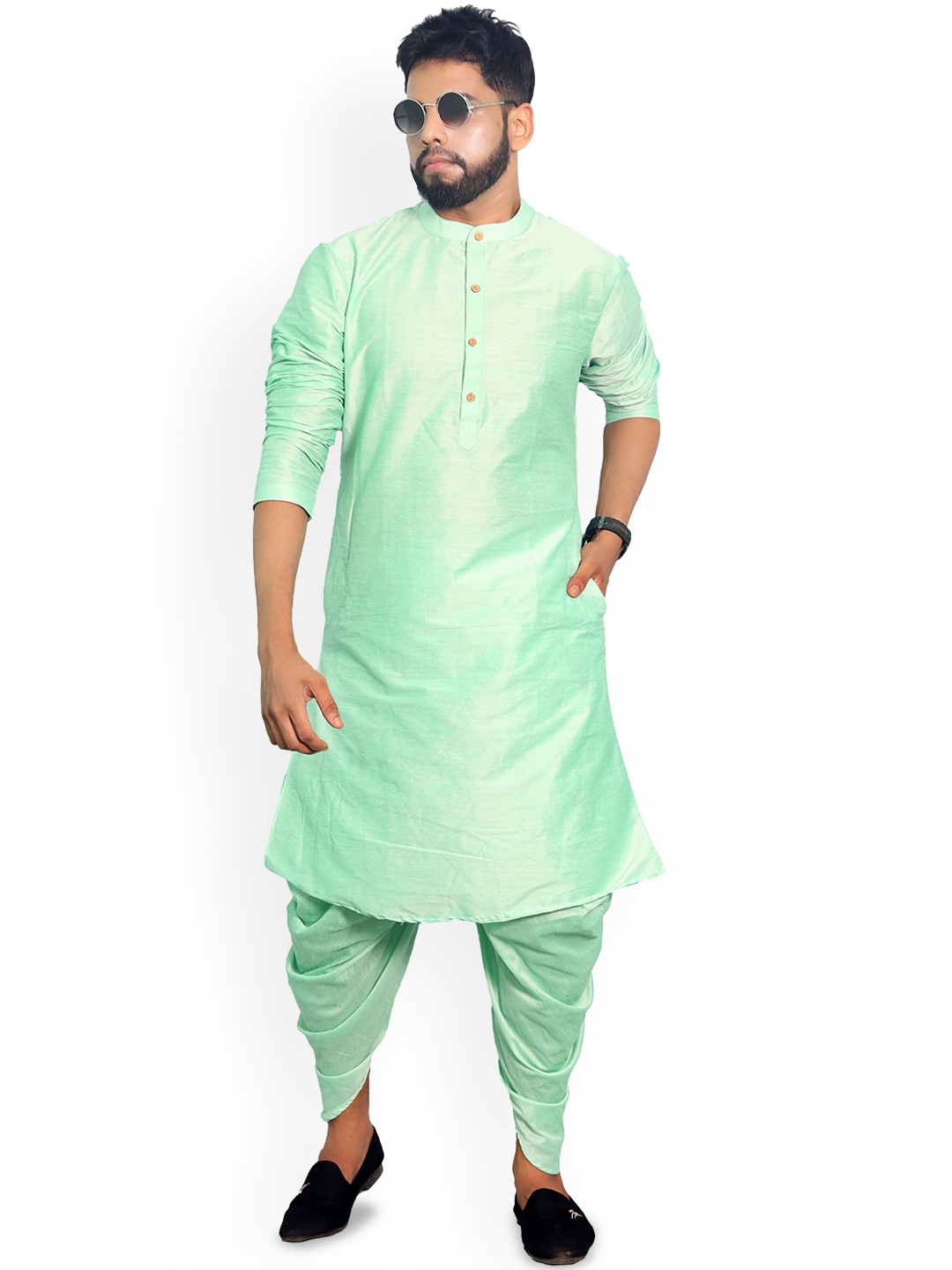 

House of Aqss Band Collar Straight Kurta, Green