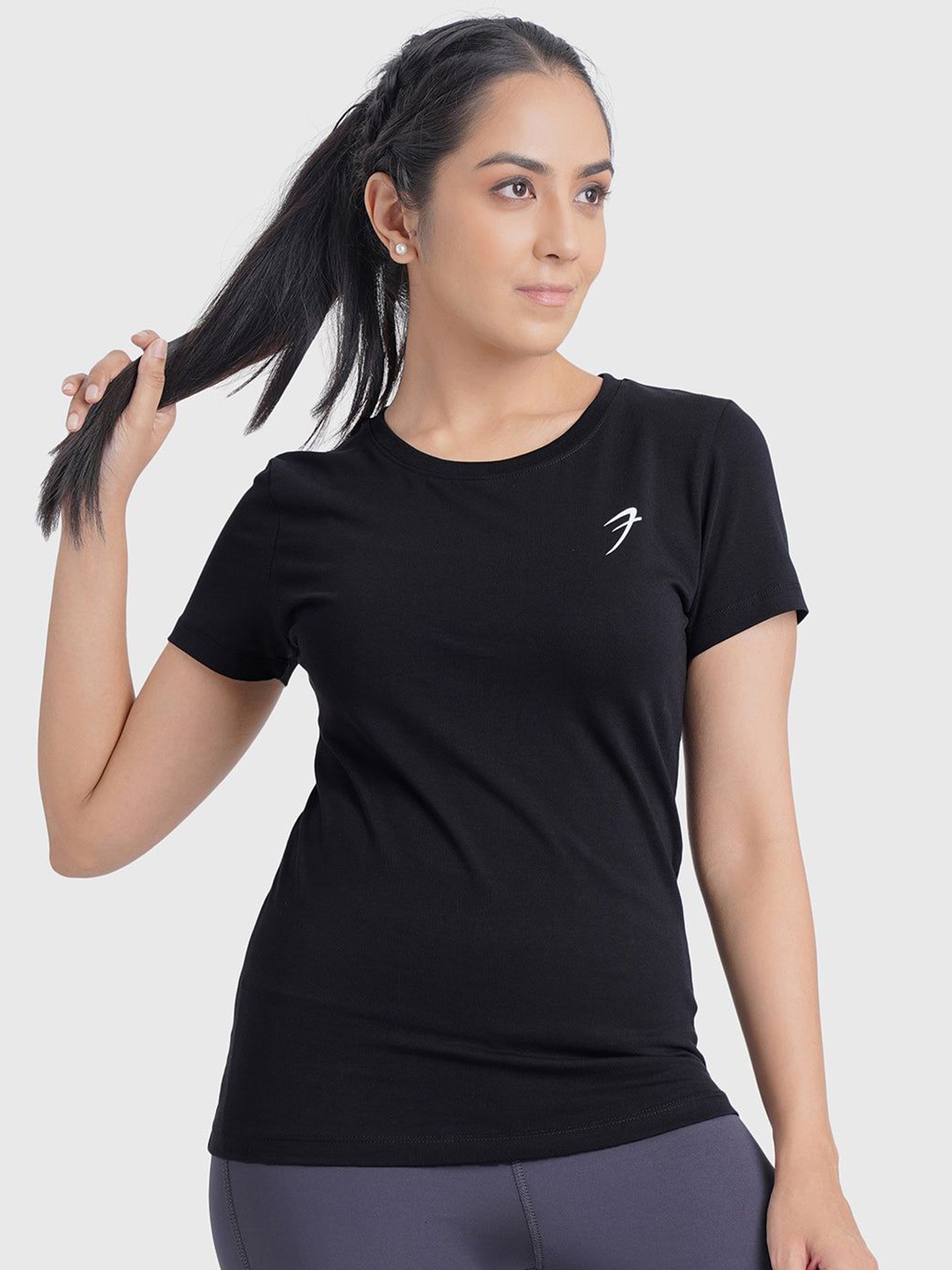 

FUAARK Women Stretchex Solid Round Neck Cotton Slim Fit T-shirt, Black