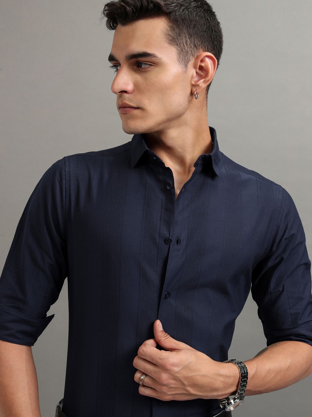 

Highlander Men Dobby Textured Solid Mui Occasion Shirt, Navy blue
