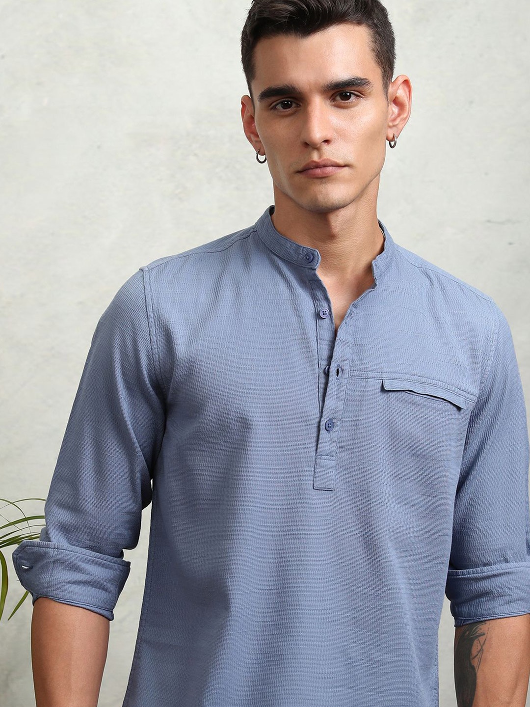 

Highlander Men Mandarin Collar Relaxed Fit Shirt, Blue
