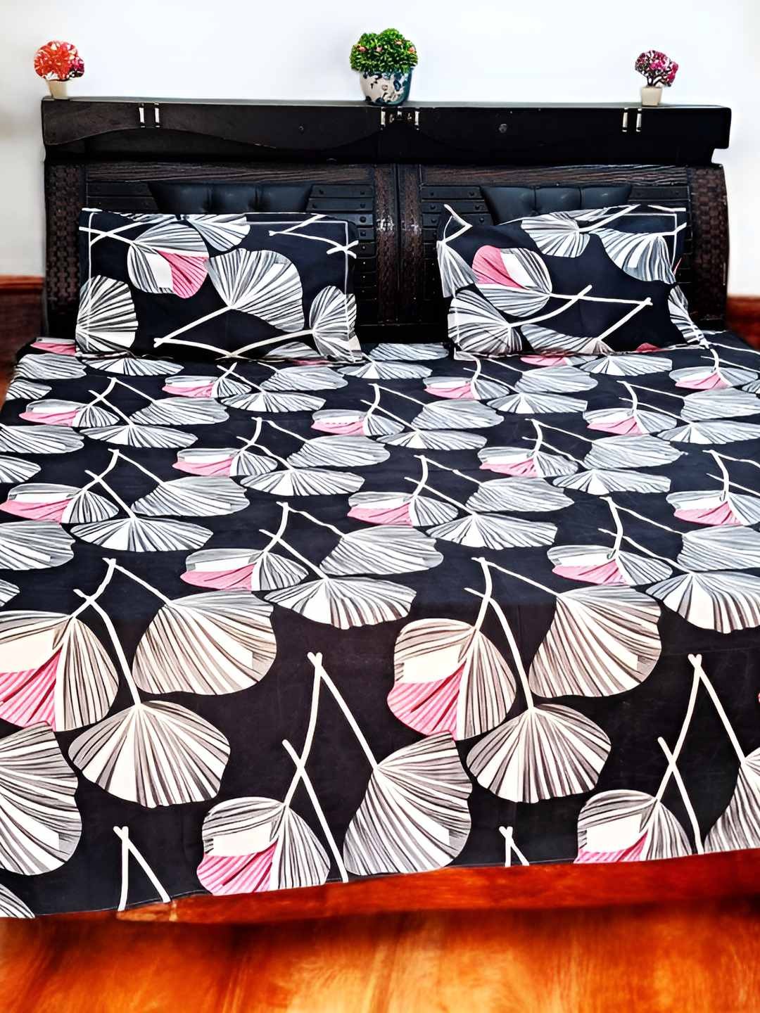 

V.R.ENTERPRISES Black Floral Printed 210 TC Cotton Queen Bedsheet with 2 Pillow Covers