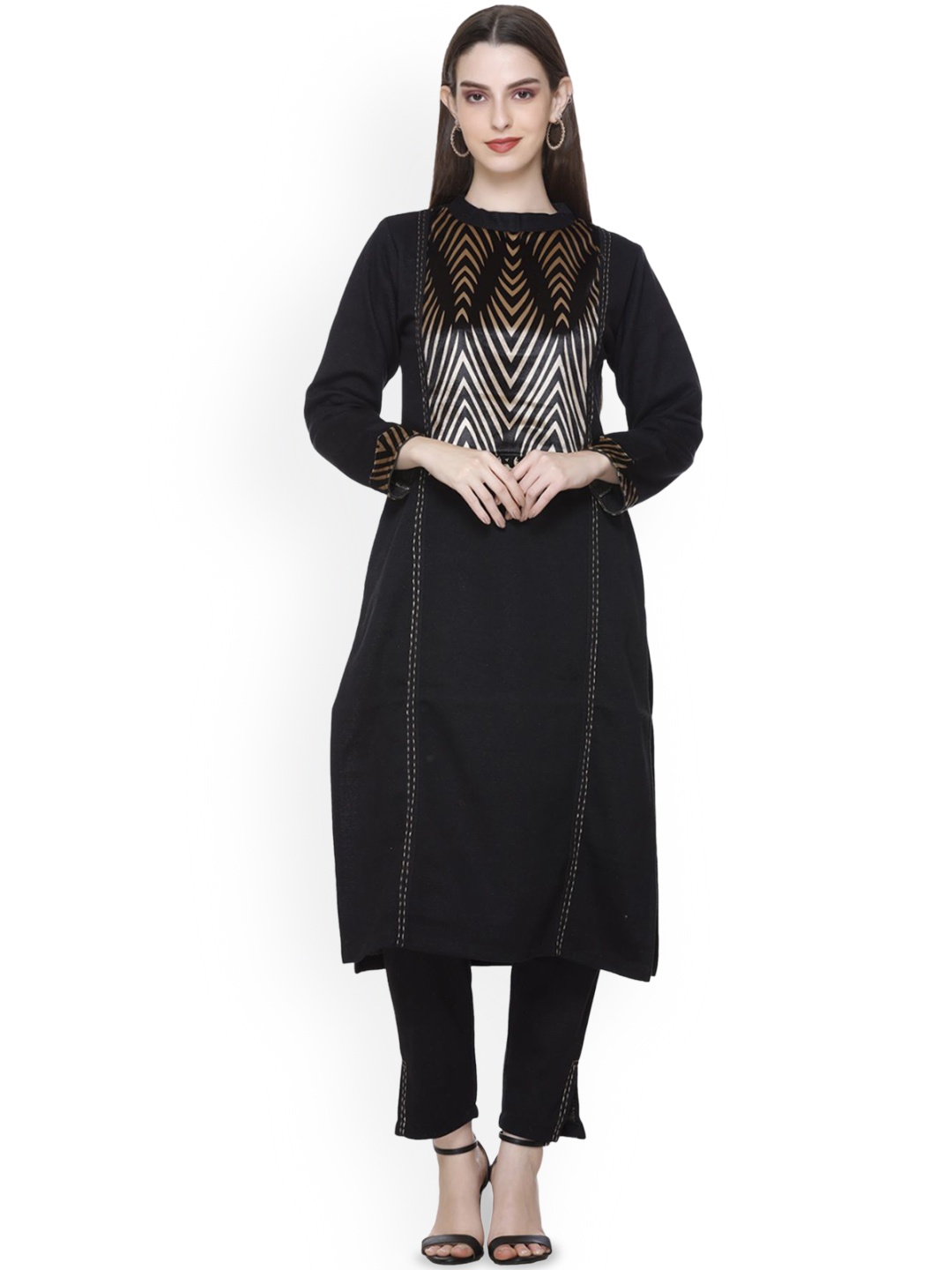 

BIZARRELY Geometric Woven Design Kurta With Trousers, Black
