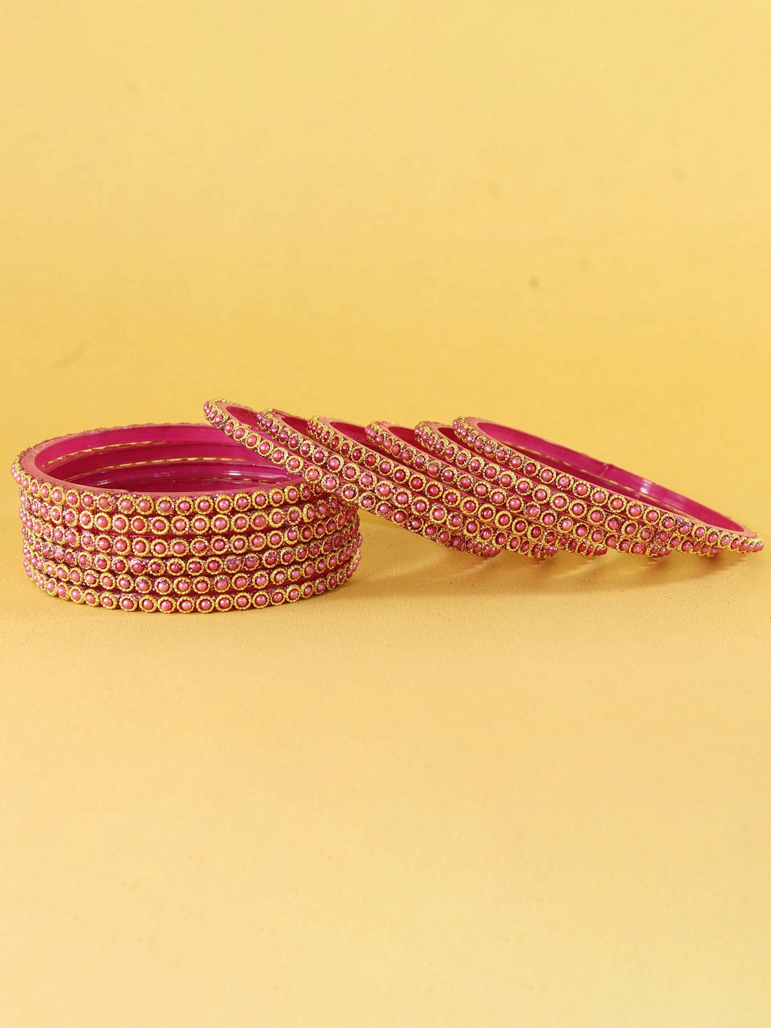 

ZULKA Set Of 12 Moti Pearls Work Glass Bangles, Rose