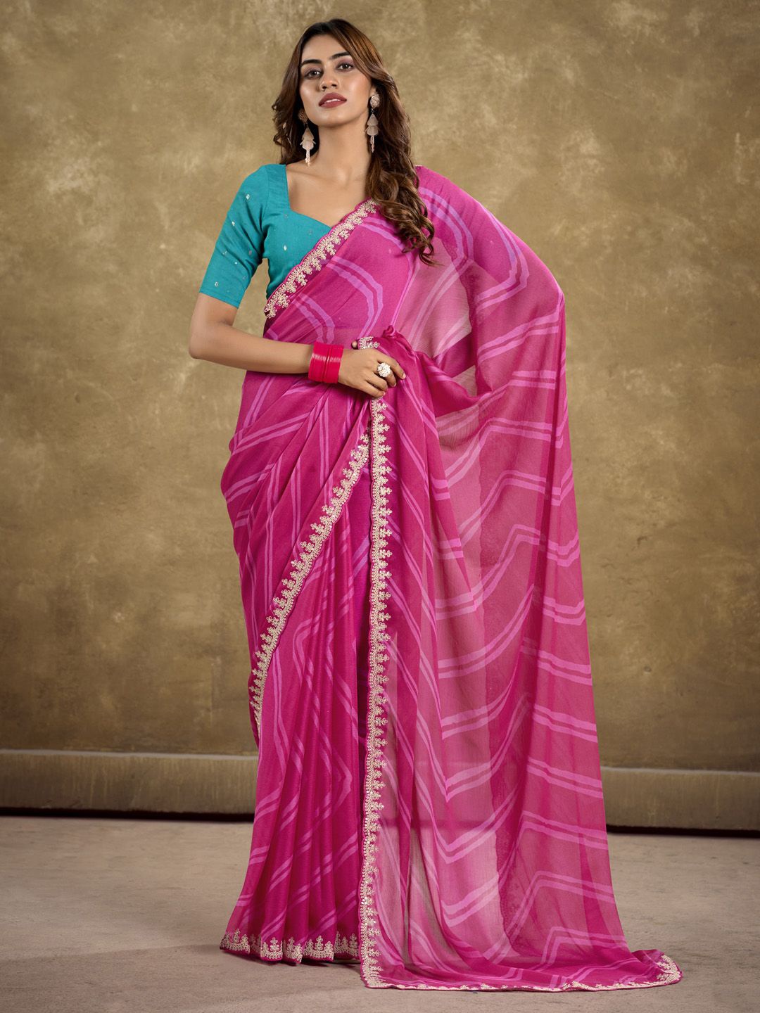 

Anouk Striped Printed Sequinned Saree, Pink