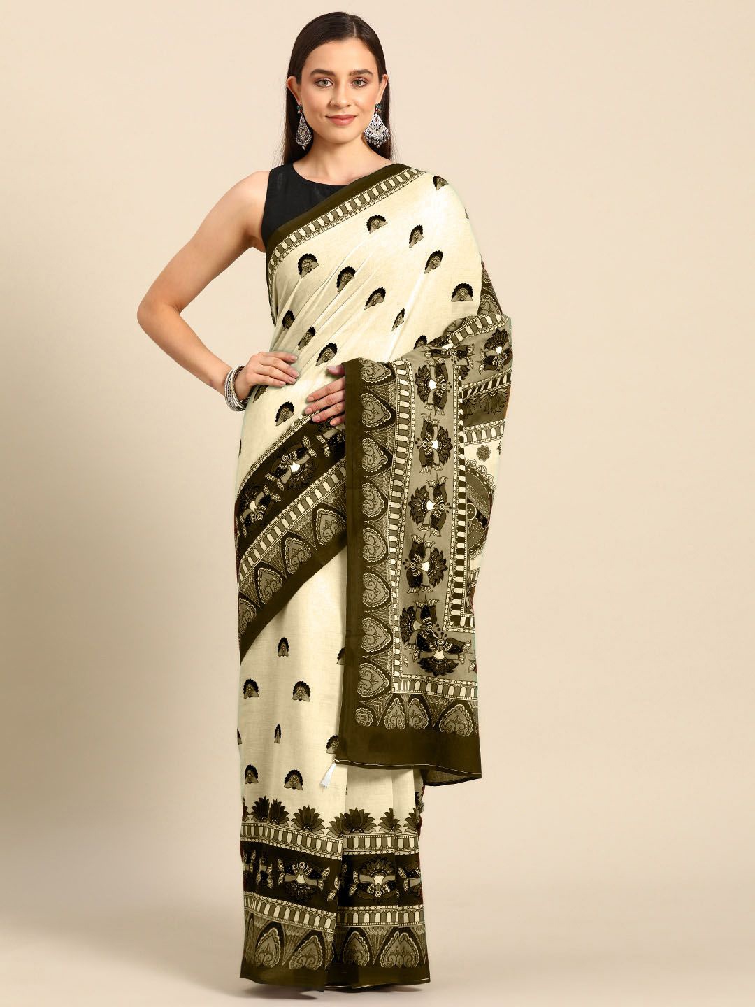 

BUTA BUTI Ethnic Motifs Printed Pure Cotton Saree, Cream