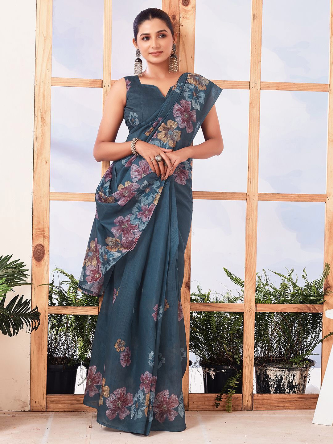 

Mitera Floral Pure Cotton Floral Ready to Wear Saree with Blouse piece, Blue