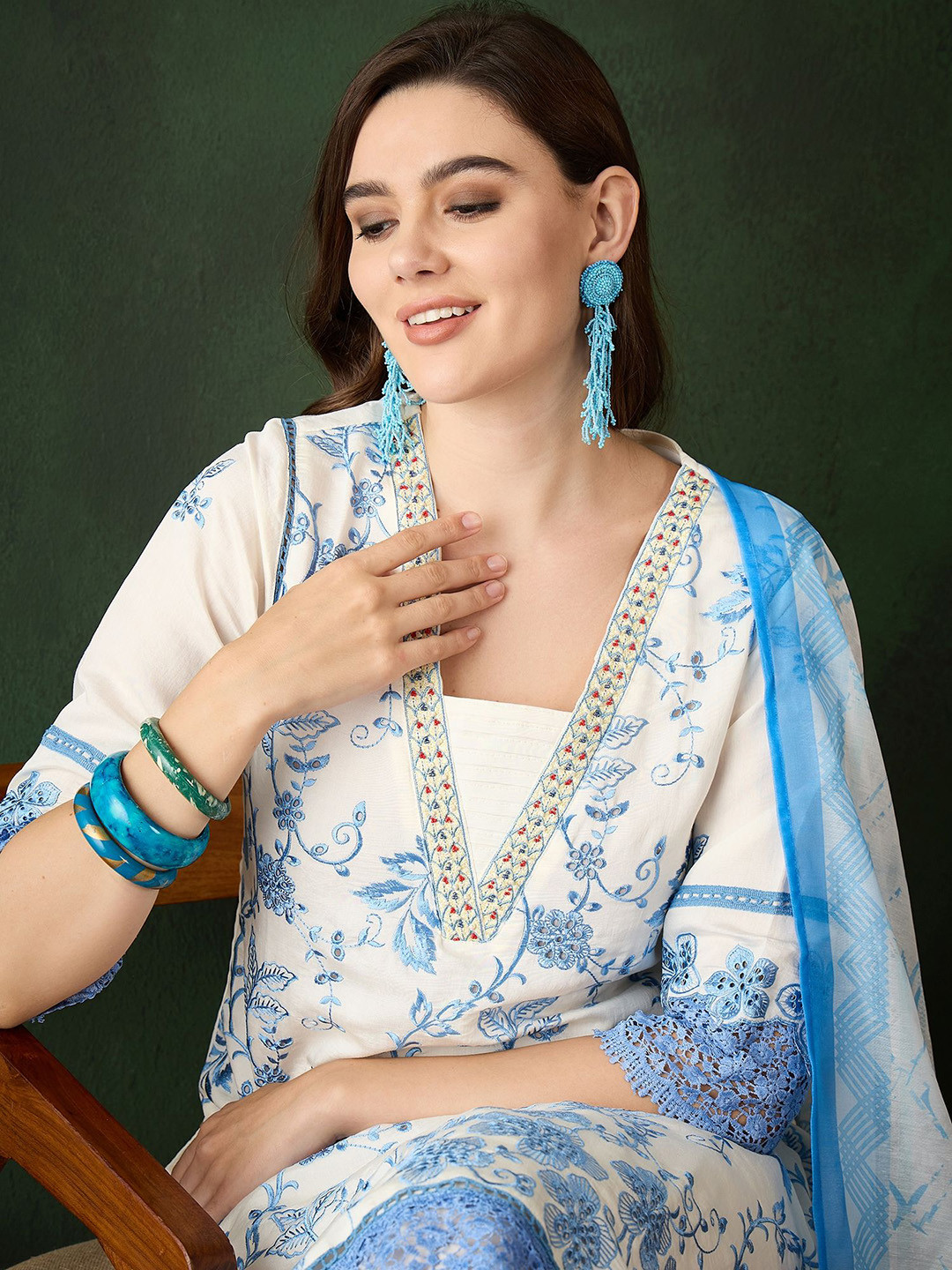 

Sangria Blue Floral Embroidered Thread Work Straight Kurta With Trouser & Dupatta