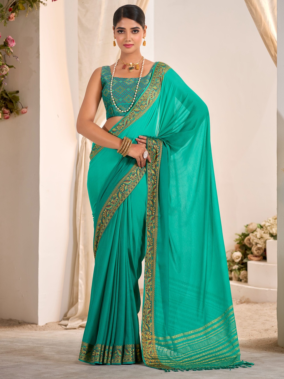 

KAYOMMI Zari Pure Crepe Saree, Blue