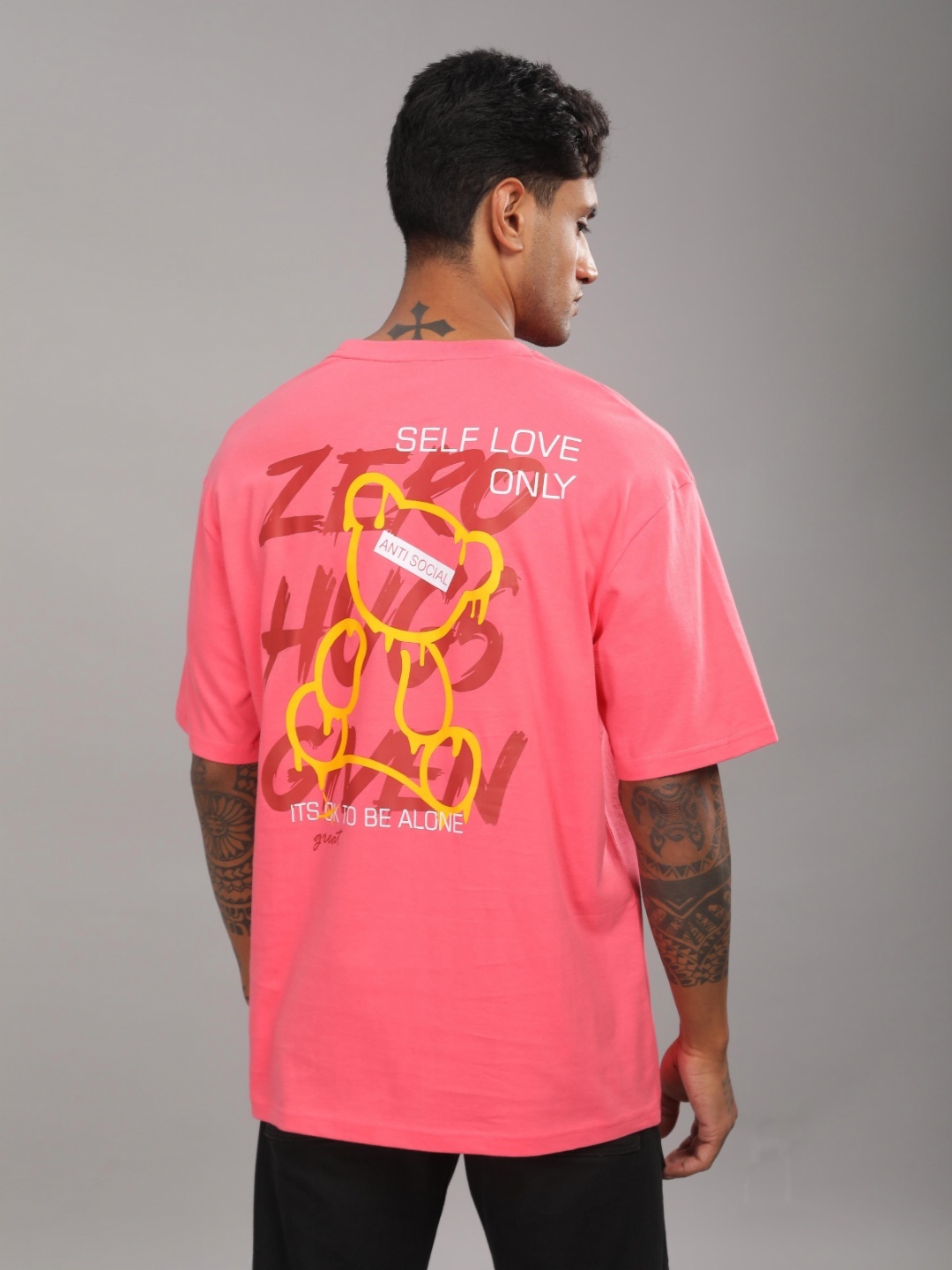 

TOMHIDDLE Men Typography Printed Round Neck Cotton Oversized T-shirt, Pink