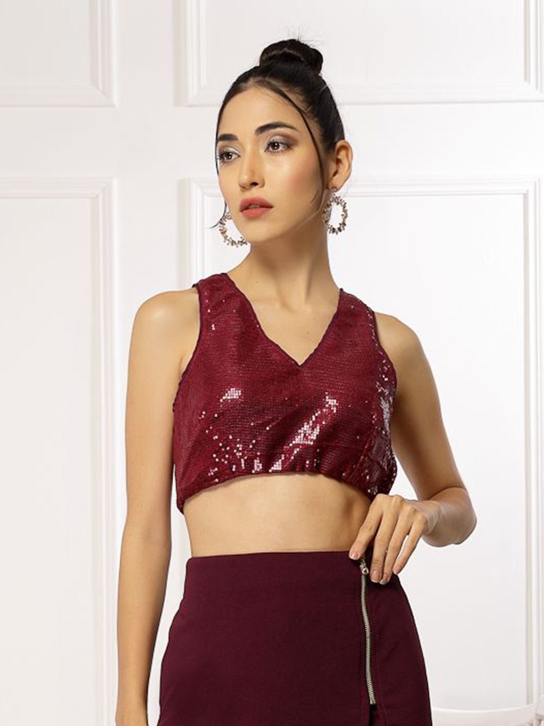 

Oomph Factor Women Embellished V-Neck Top, Maroon