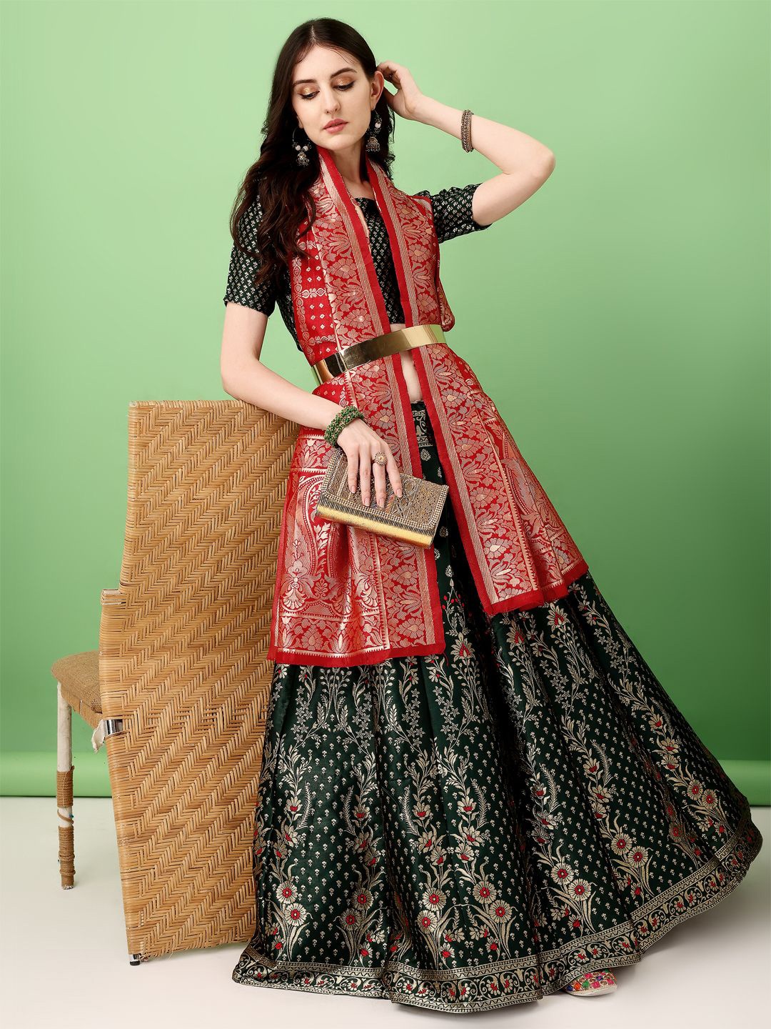 

SWAMI STUDIO Woven Design Zari Semi-Stitched Lehenga & Blouse With Dupatta, Green