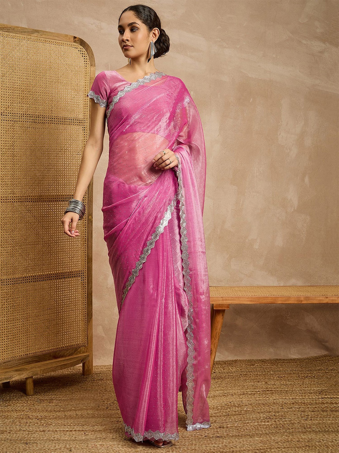 

all about you Polka Dot Zari Pure Silk Saree, Pink