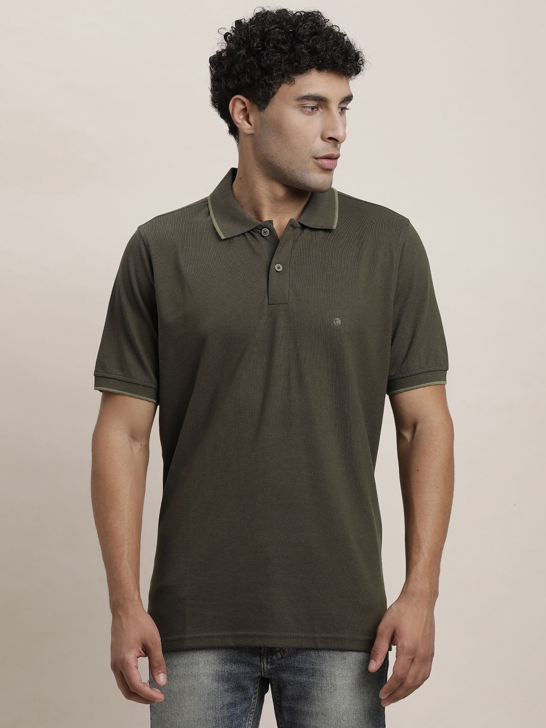 

Turtle Men Solid Polo Collar Cotton Slim Fit T-shirt, Olive
