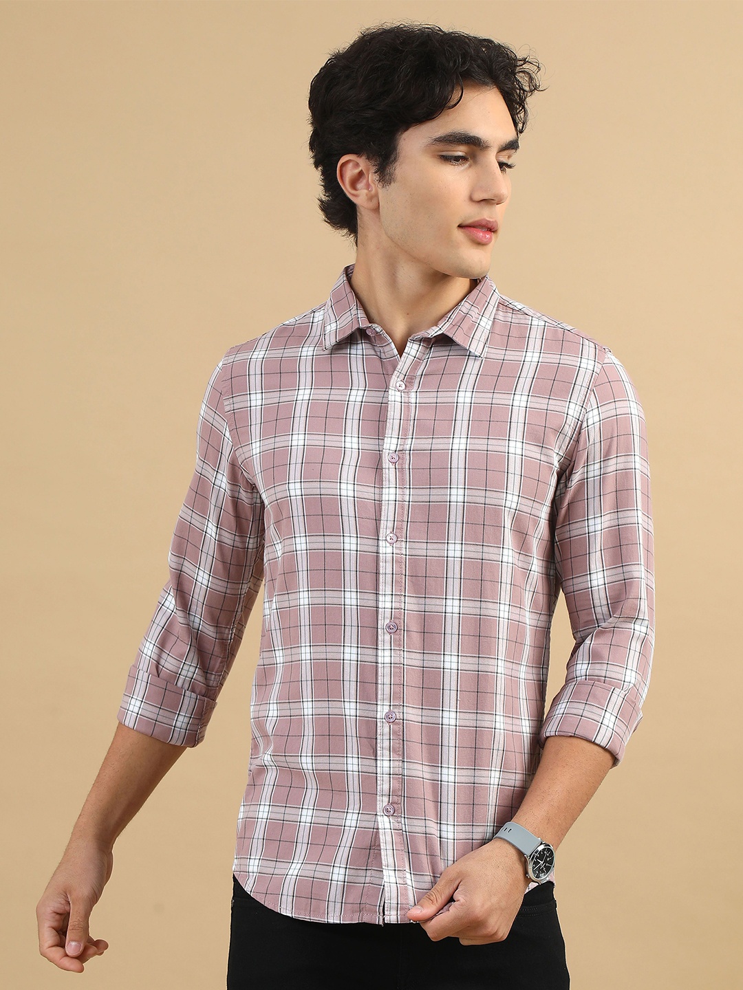 

Bushirt Men Classic Opaque Casual Checks Shirt, Taupe