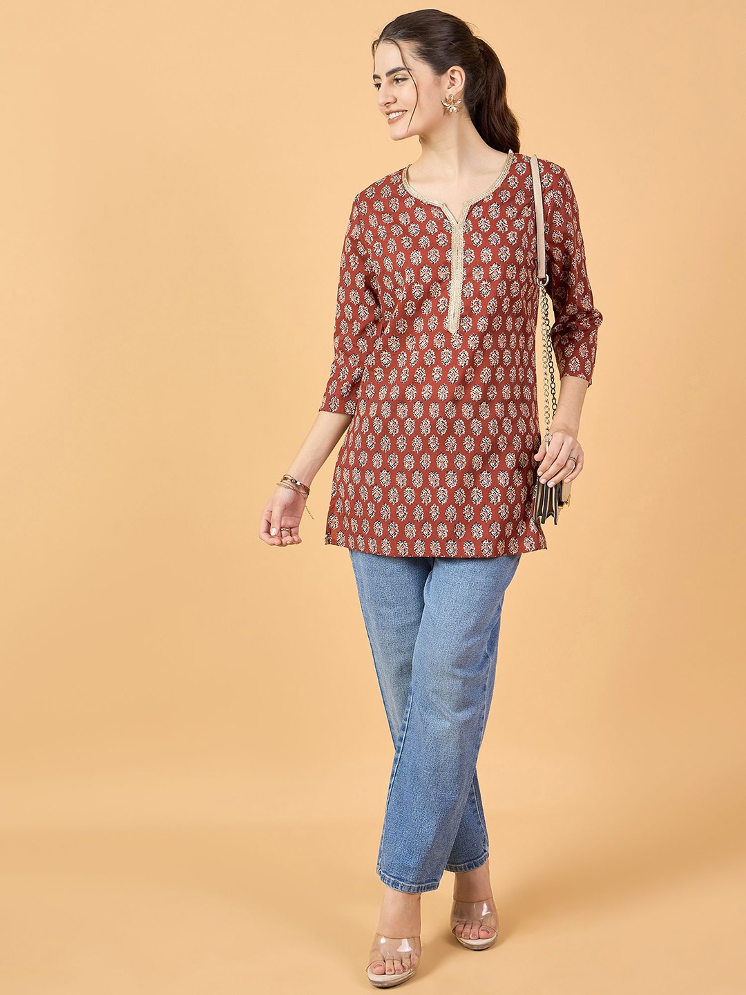 

NEESH Women Floral Printed Round Neck Cotton Top, Rust