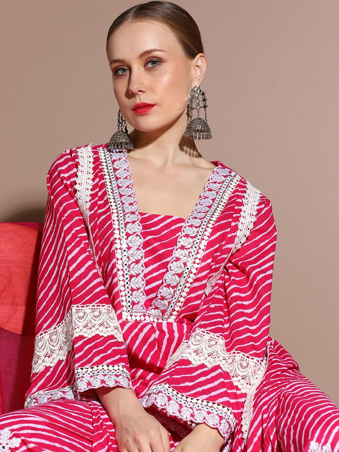 

Anouk Pink Floral Embroidered Pure Cotton Straight Kurta With Palazzo & Dupatta