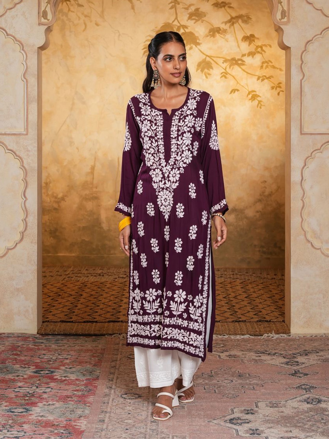 

House of Chikankari Women Ethnic Motifs Embroidered Flared Sleeves Kurta, Purple