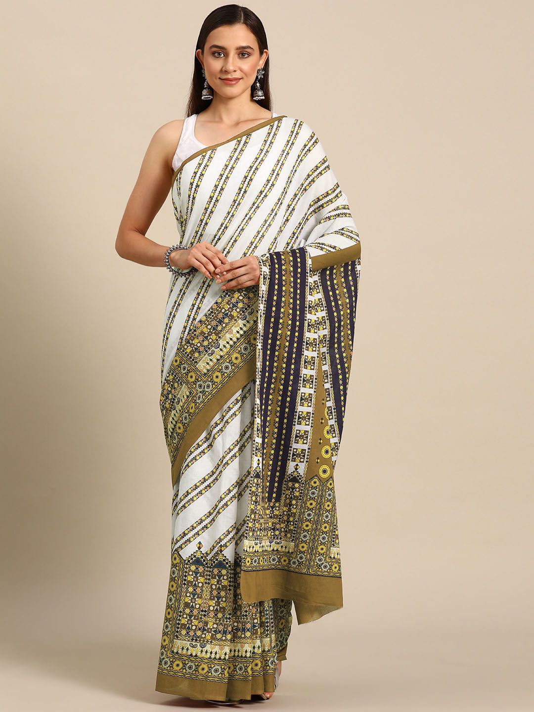 

BUTA BUTI Striped Printed Pure Cotton Saree, Mustard