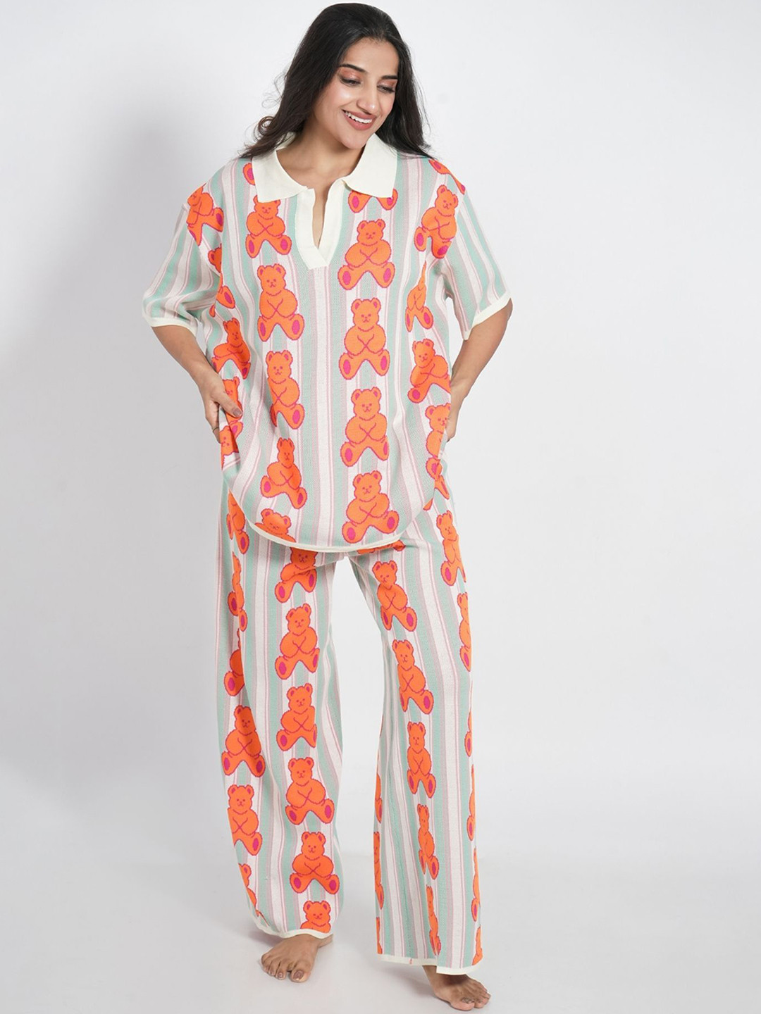 

ANSEE by Addery Printed T-shirt With Pyjamas Night Suit, Orange