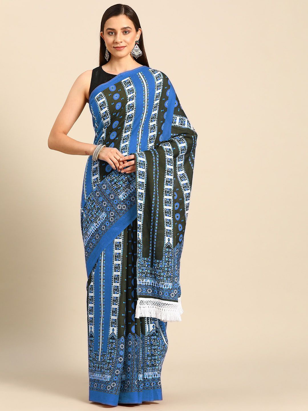 

BUTA BUTI Geometric Printed Pure Cotton Saree, Blue