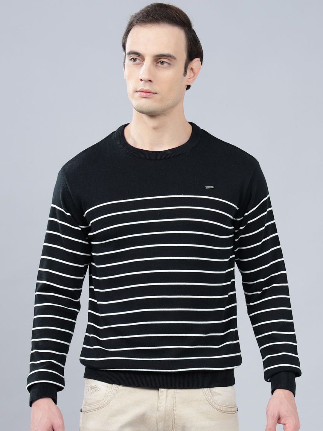 

Cantabil Men Cotton Striped Full Sleeve Pullover Sweaters, Navy blue