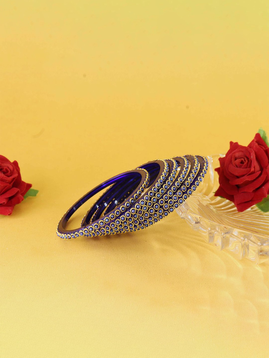 

ZULKA Set Of 12 Moti Pearls Work Glass Bangles, Navy blue