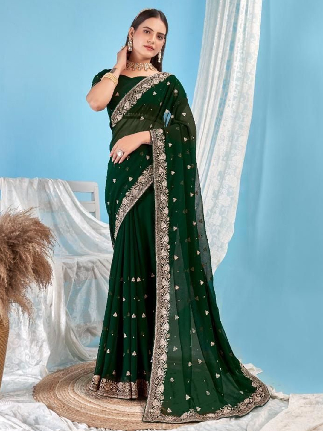 

Kalista Embellished Embroidered Pure Georgette Saree, Green