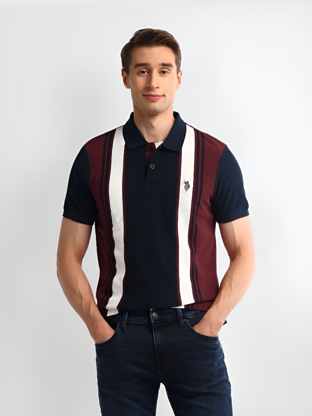 

U.S. Polo Assn. Denim Co. Men Striped Polo Collar Cotton Slim Fit T-shirt, Red