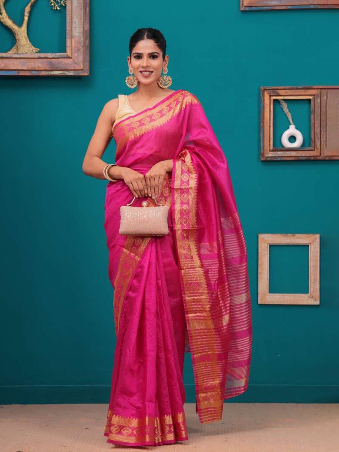 

HEARTLOOM SOUTH Zari Silk Cotton Chanderi Saree, Pink