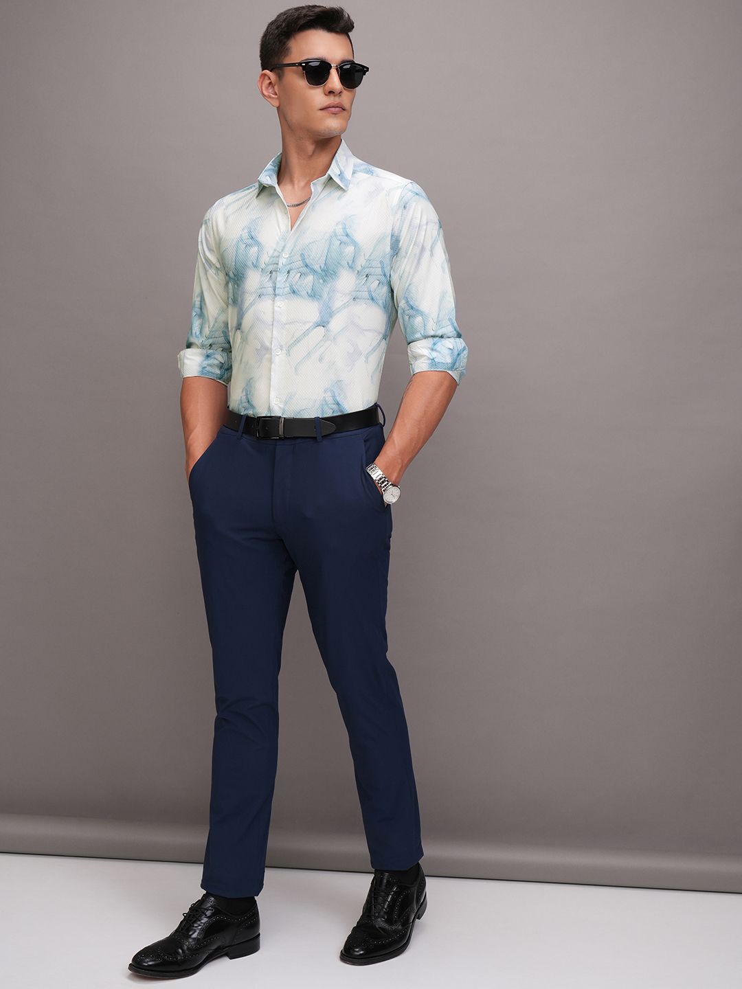 

HIGHLANDER Men Dobby Textured Printed Mui Occasion Shirt, White