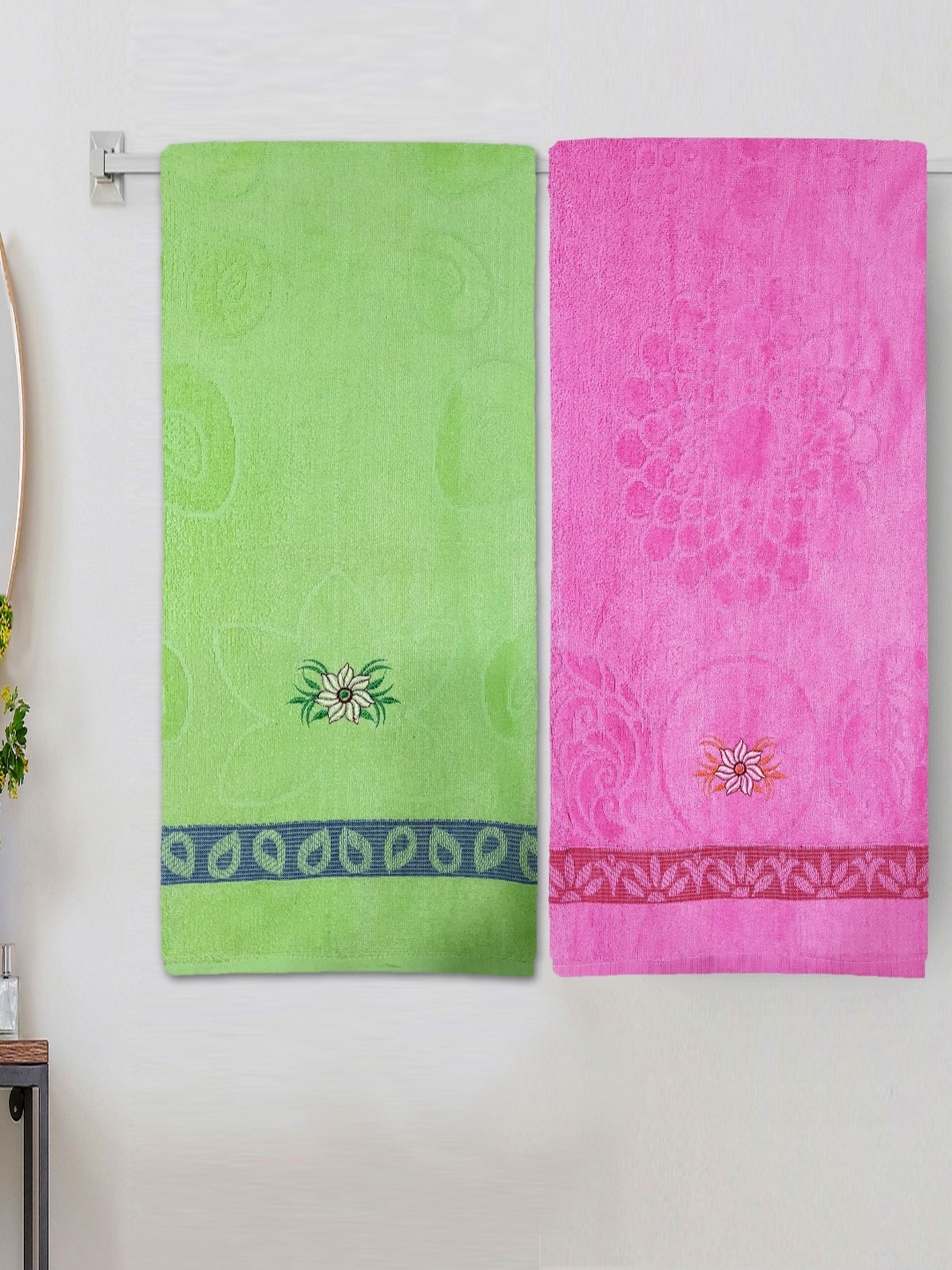 

ANA Pink & Green 2 Pieces Floral Embroidered 350 GSM Cotton Bath Towel