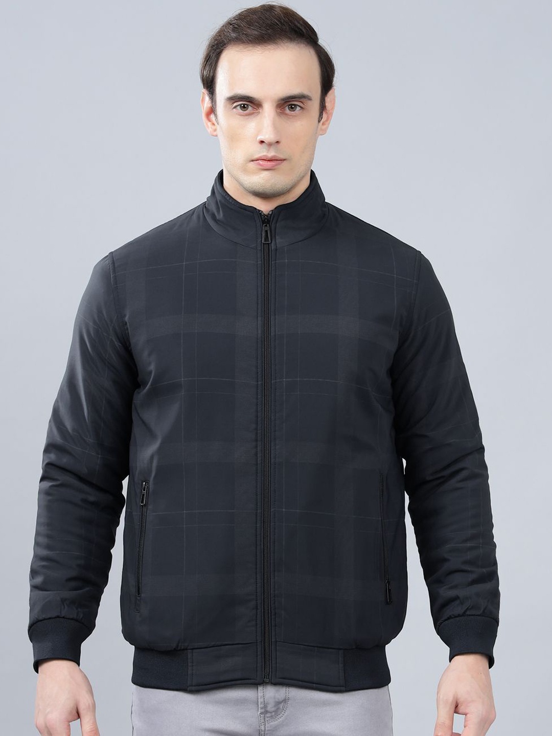 

Cantabil Men Checked Reversible Bomber Jacket, Navy blue