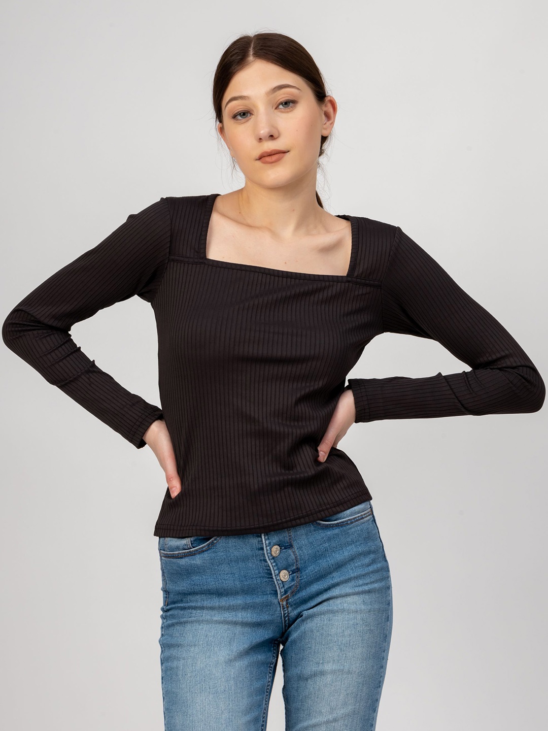 

Redamancii Women Vertical Striped Square Neck Polycotton Top, Black