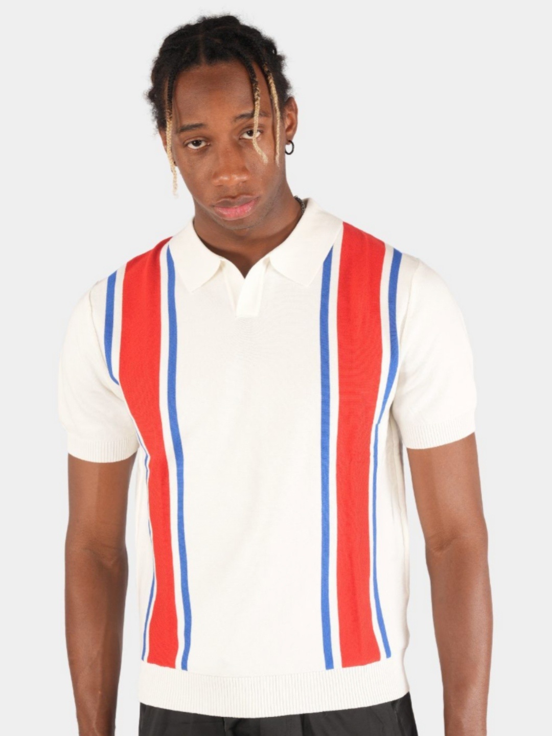 

BOTABOCHI Men Striped Polo Collar Cotton T-shirt, White