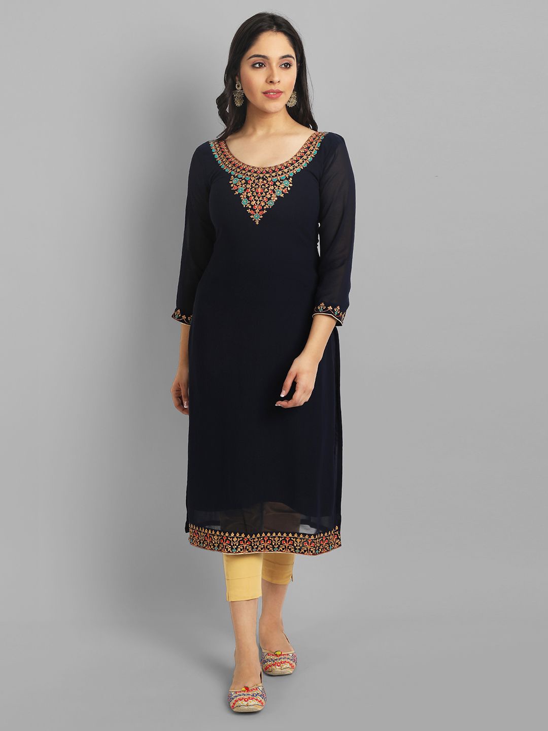 

Vastani Enterprise Floral Embroidered Thread Work Georgette Kurta, Black