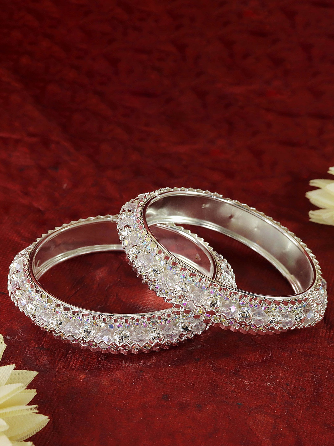 

NMII Set Of 2 Zircon Stone & Pearls Studded Bangles, Silver