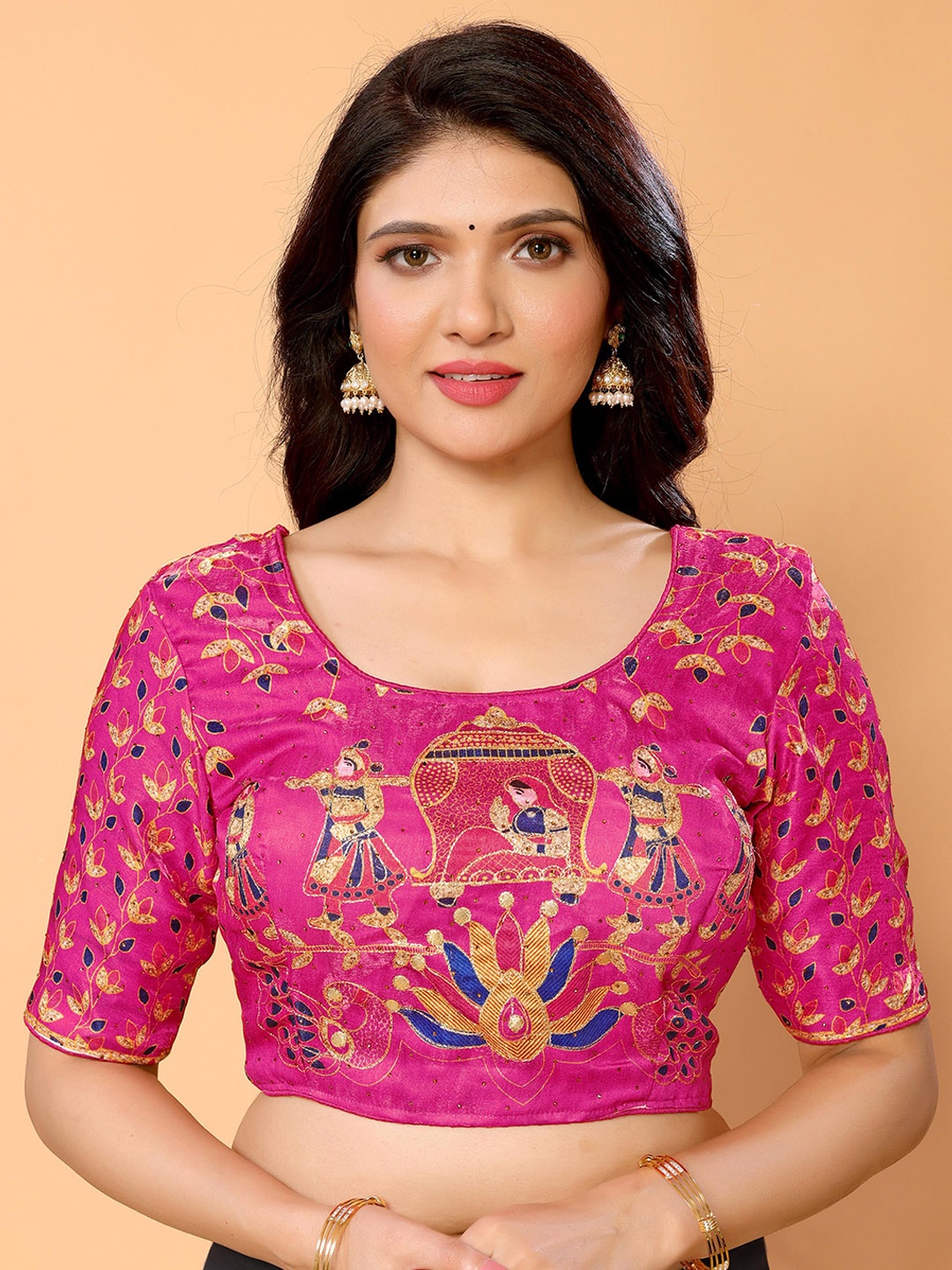 

ALAGINI Embellished Non-Padded Saree Blouse, Pink