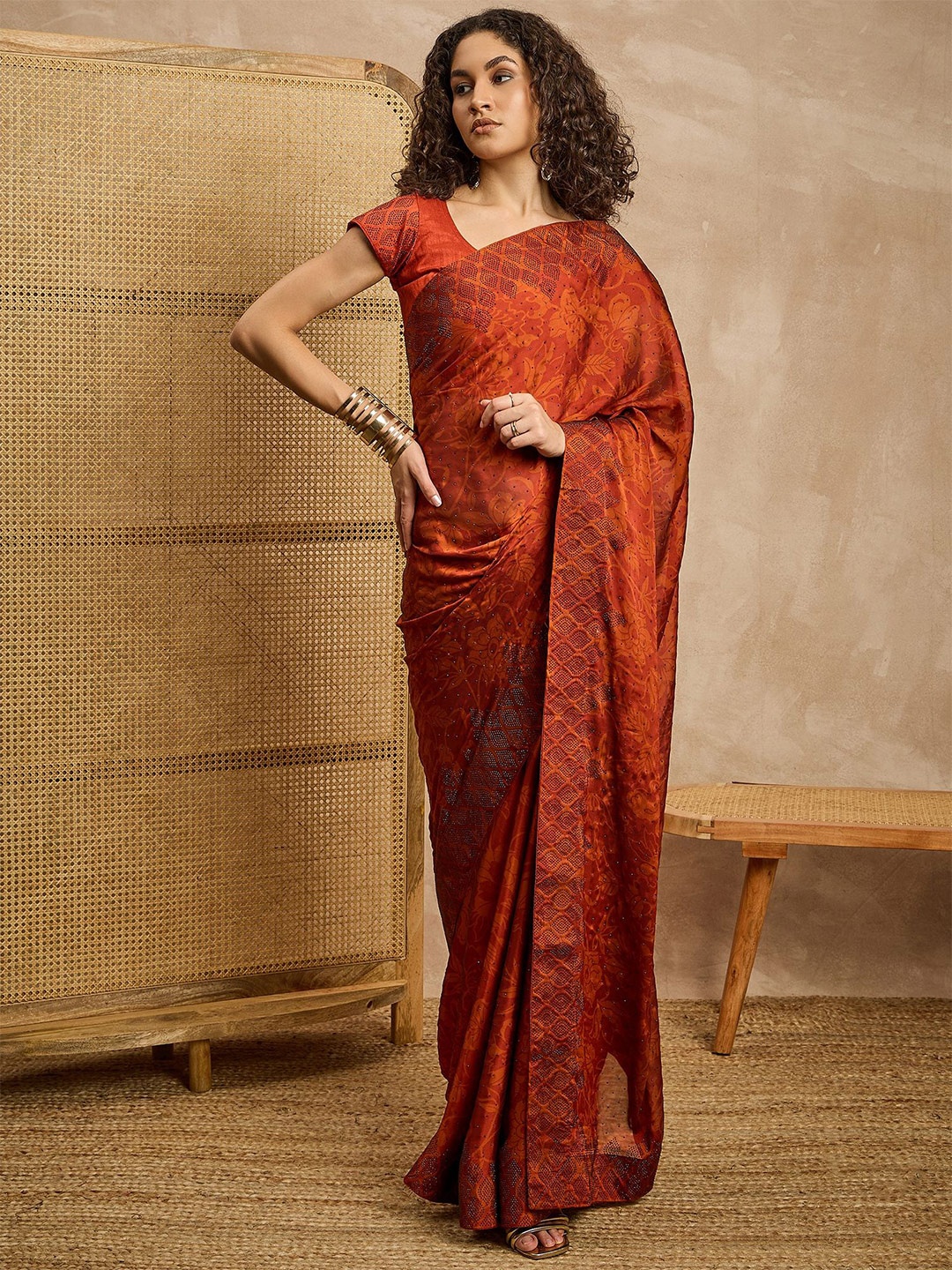 

all about you Floral Embellished Beads and Stones Pure Georgette Saree, Red