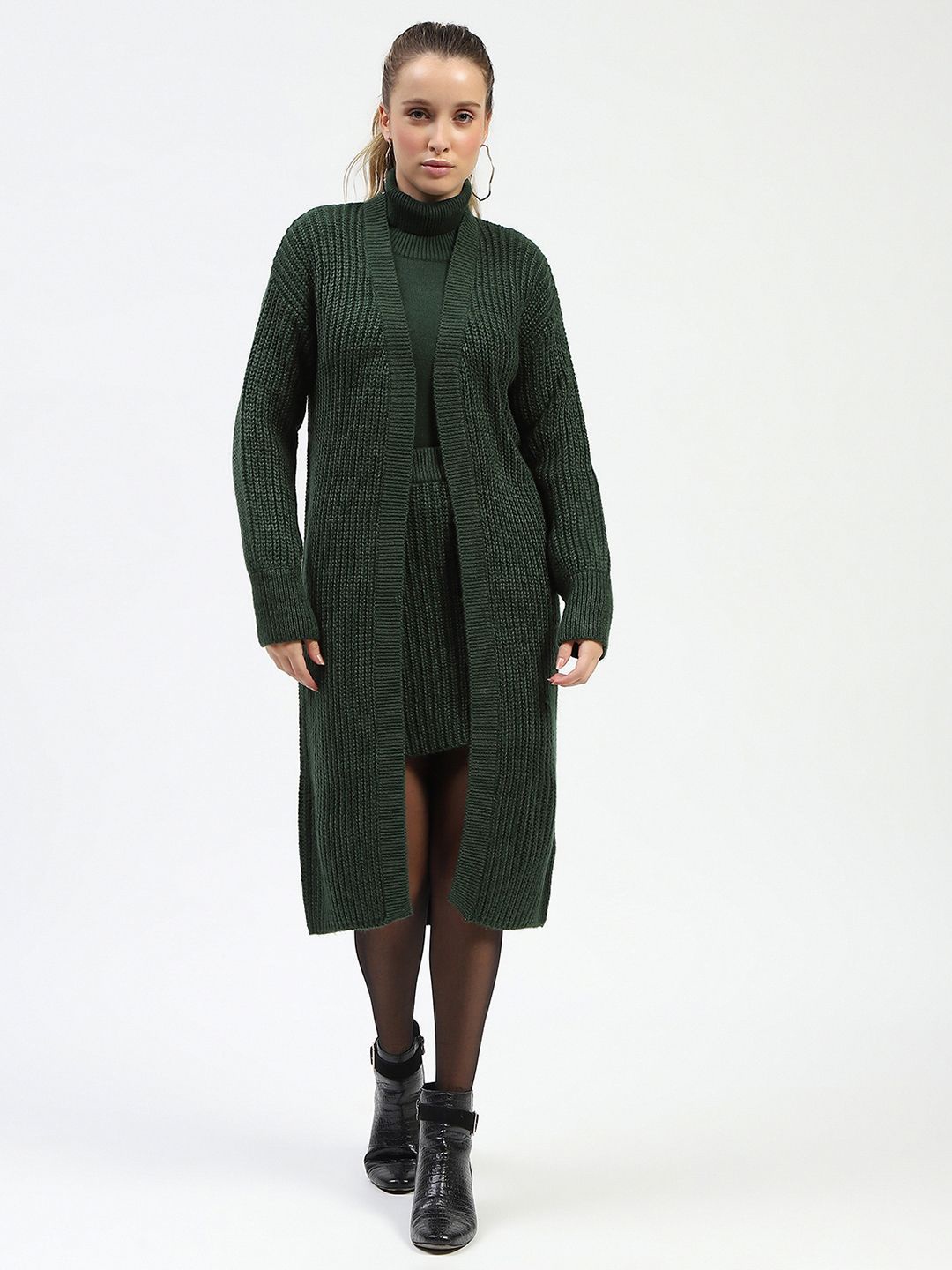 

Madame Ribbed Turtle Neck Sweater With Skirt and Shrug, Green