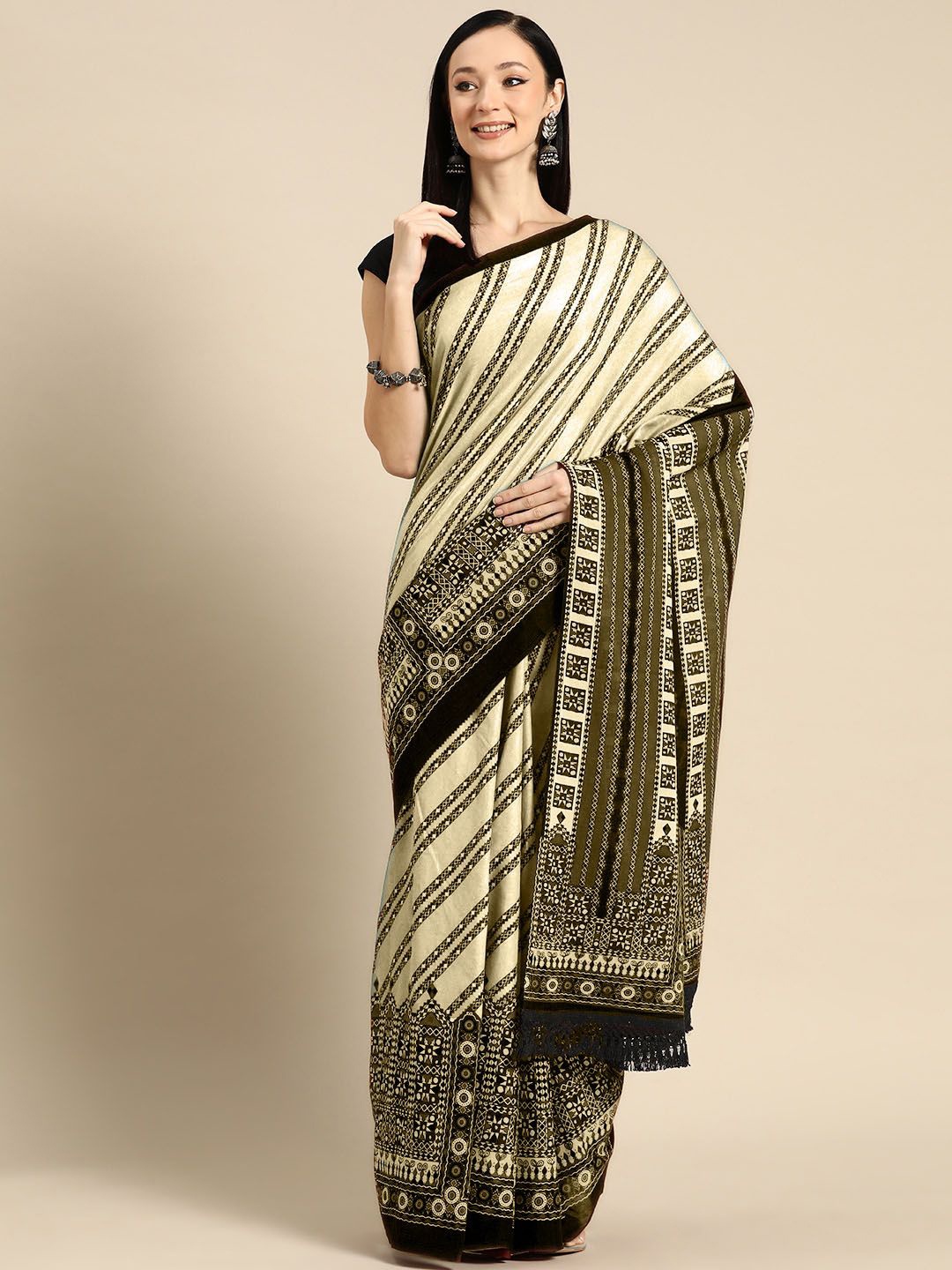 

BUTA BUTI Striped Printed Pure Cotton Saree, Mustard